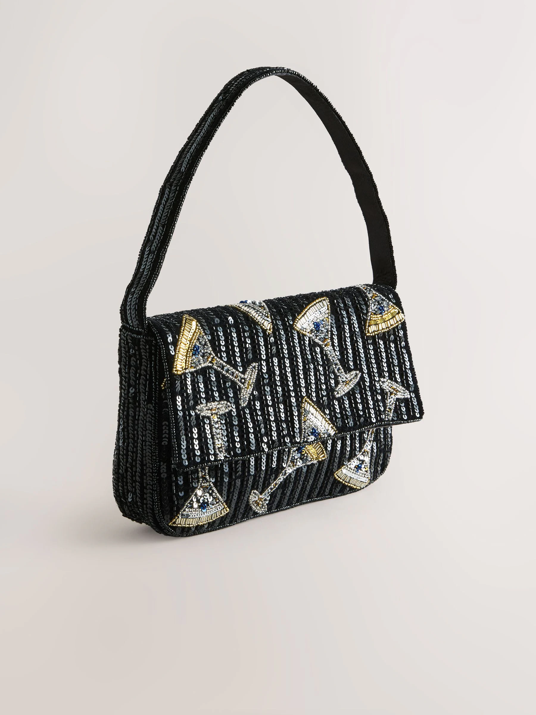 Zwart - Embellished Velvet Martini Shoulder Bag