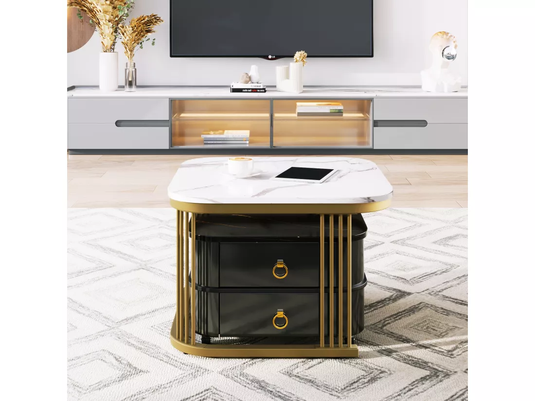Lot de 2 tables basses gigognes avec 2 tiroirs, table basse carrée - plateaux en motif marbre - bois et métal - noir brillant