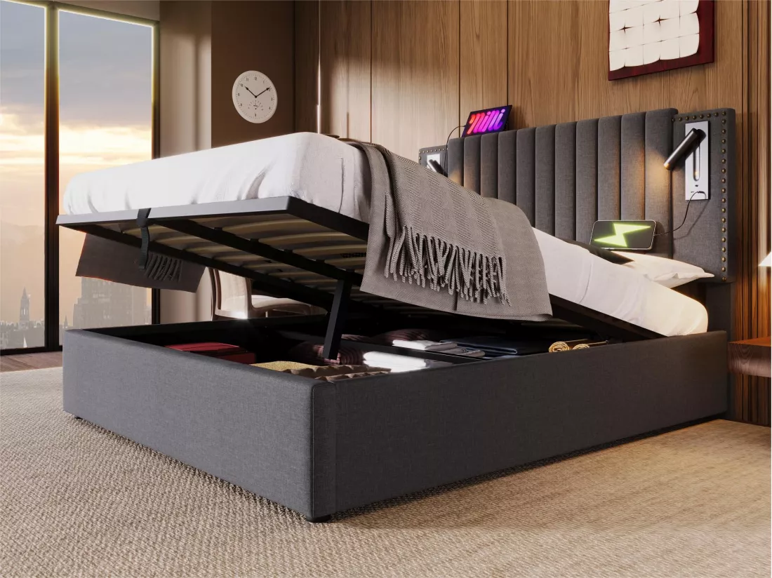 Lit coffre 180x200cm en tissu de cotton - avec lampes de lecture et Ports de charge USB - avec sommier à lattes - Gris