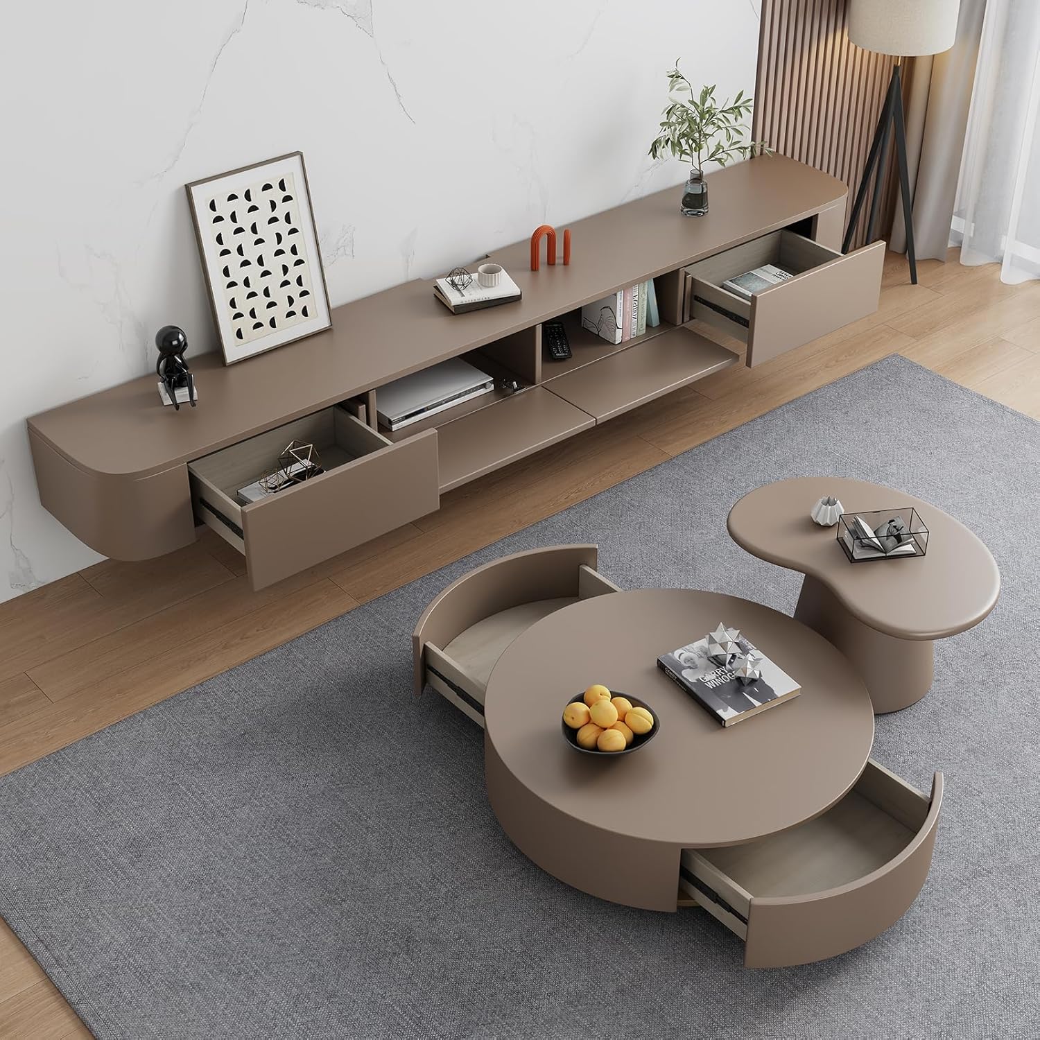 Schwebender TV-Ständer mit Türen, große Aufbewahrungs-TV-Regale und Konsole, wandmontierter TV-Schrank unter dem Fernseher (Khaki, 120CM/47,2
