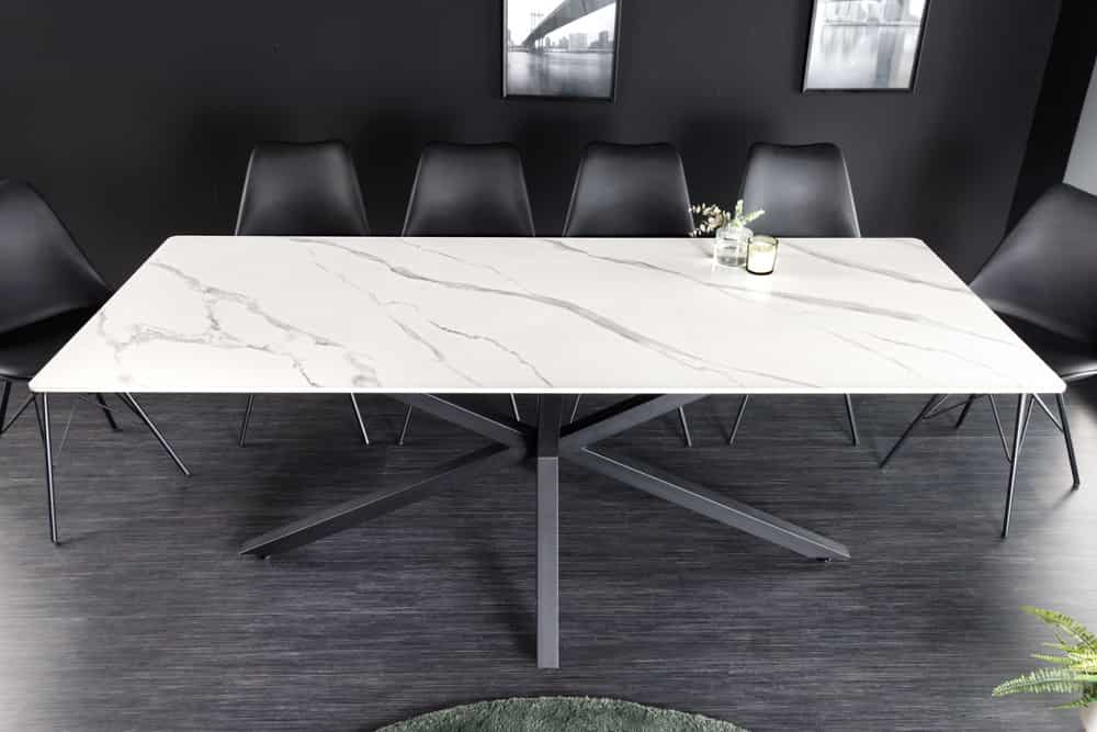 Moderner Esstisch GALAXIE 160cm weiß Keramik Marmor-Design glänzend Metallgestell schwarz