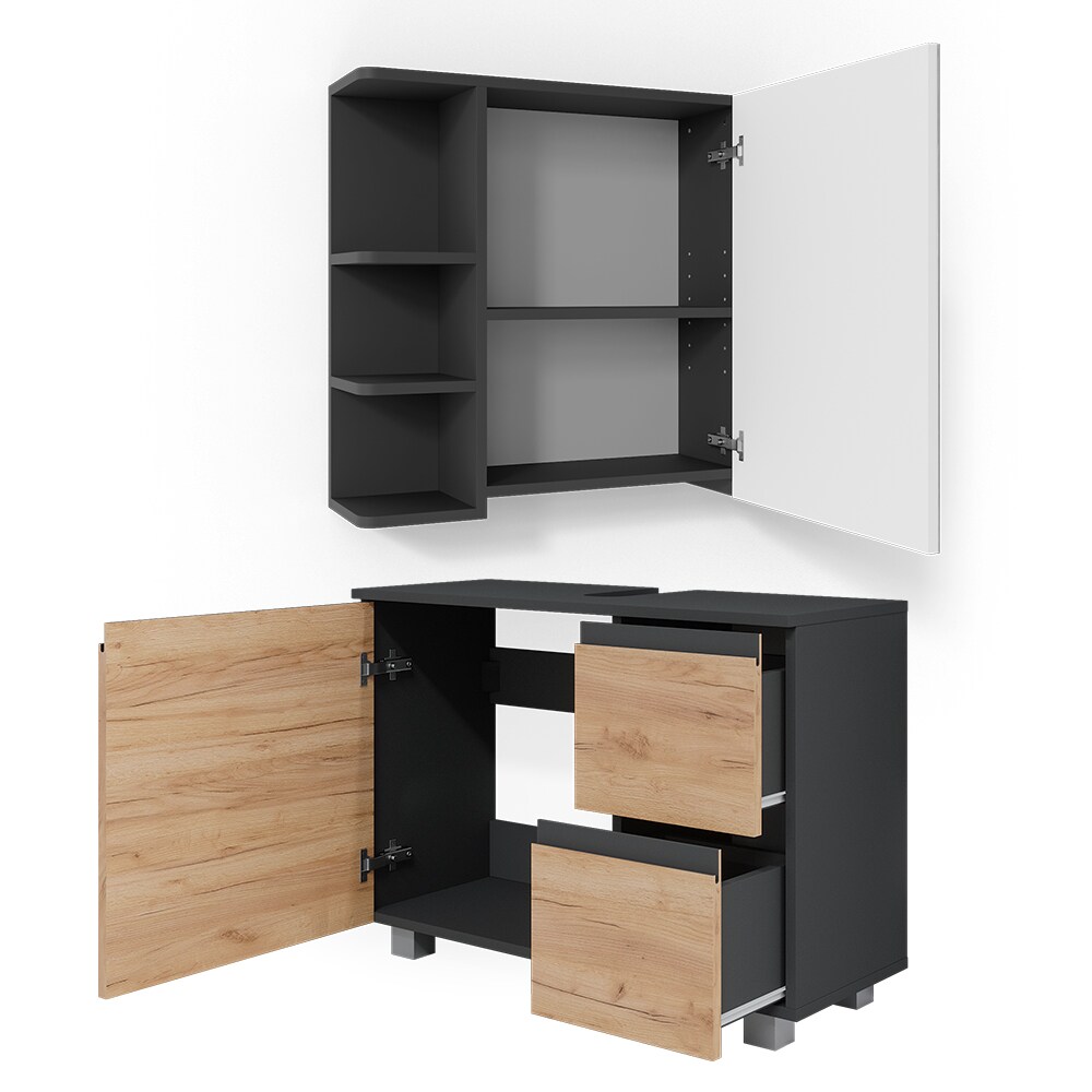 Vicco Badmöbelset J-shape Anthrazit Eiche modern Badezimmer Schrank Badschrank Waschtischunterschrank Spiegelschrank Schranktür Schrankschublade Aufbewahrung
