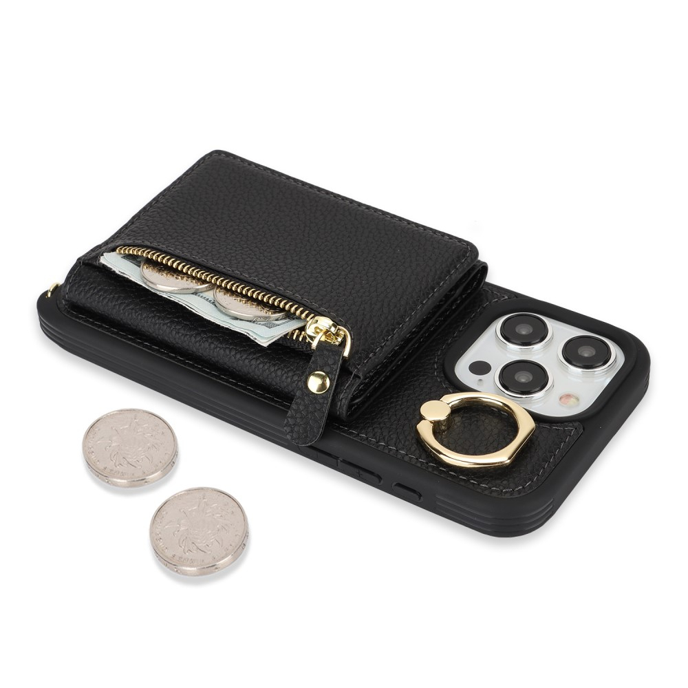 iPhone 15 Pro Max Necklace Leder Hülle mit Münzfach und Kartenfächer   Finger Griff Halterung   Handykette - Schwarz