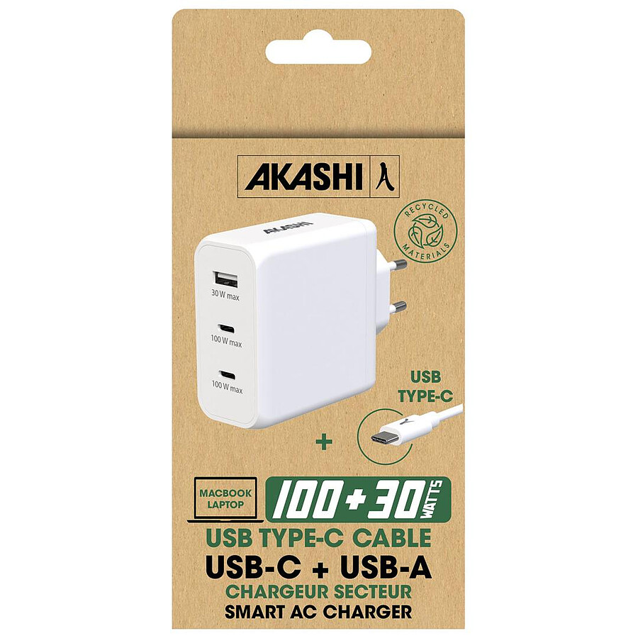 Akashi Chargeur Secteur 130W - USB-C + USB-A (Macbook, PC, Laptop ...)