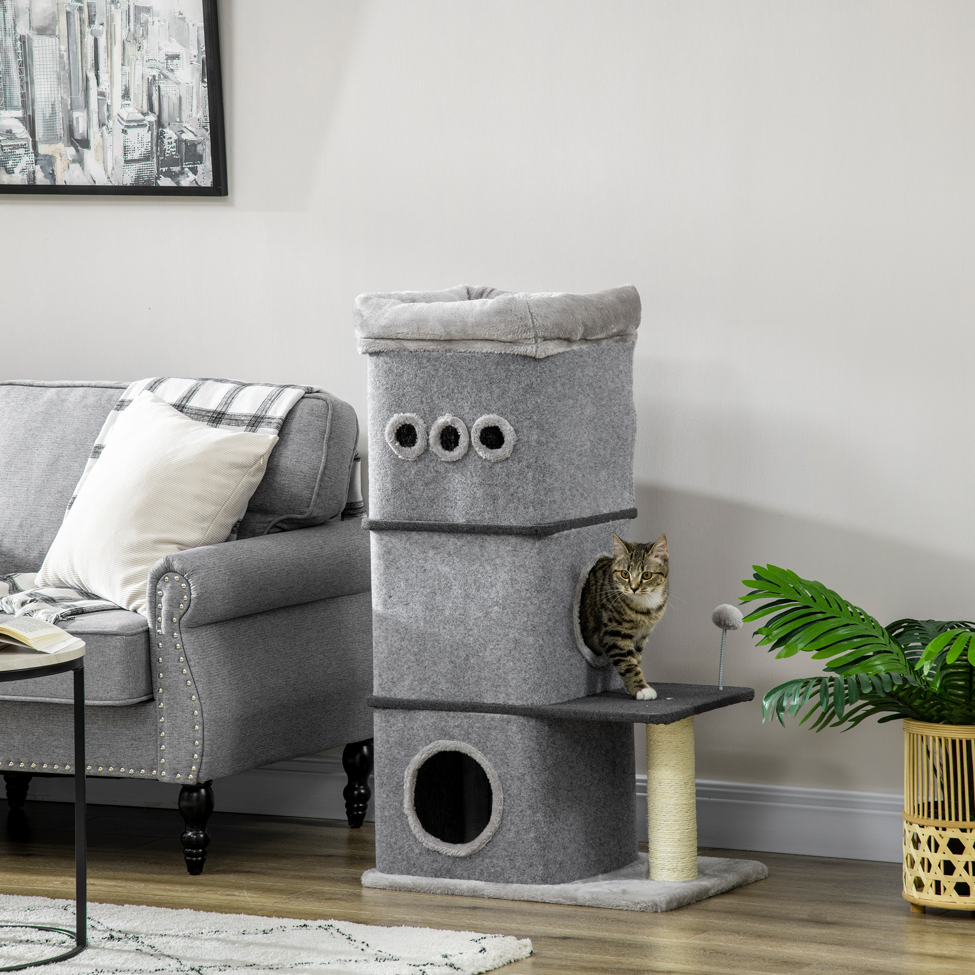 Arranhador de 3 andares PawHut para gatos, 102 cm de altura, torre para gatos com casinha de feltro removível, poste de sisal, cama e bola de brinquedo, 60 x 40 x 102 cm, cinza