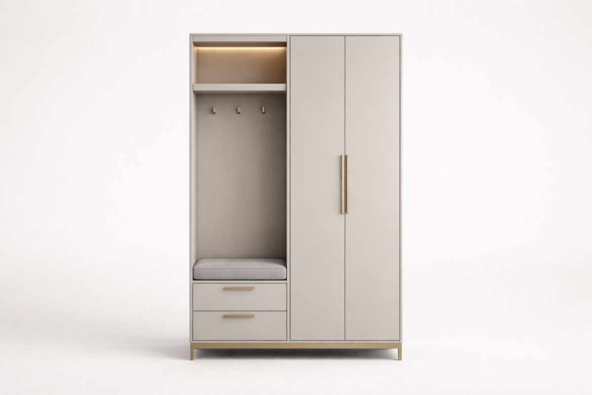 Garderobenschrank aus MDF mit Polsterbank und Schubladen, Hellgrau 180x120x50cm(H × B × T)