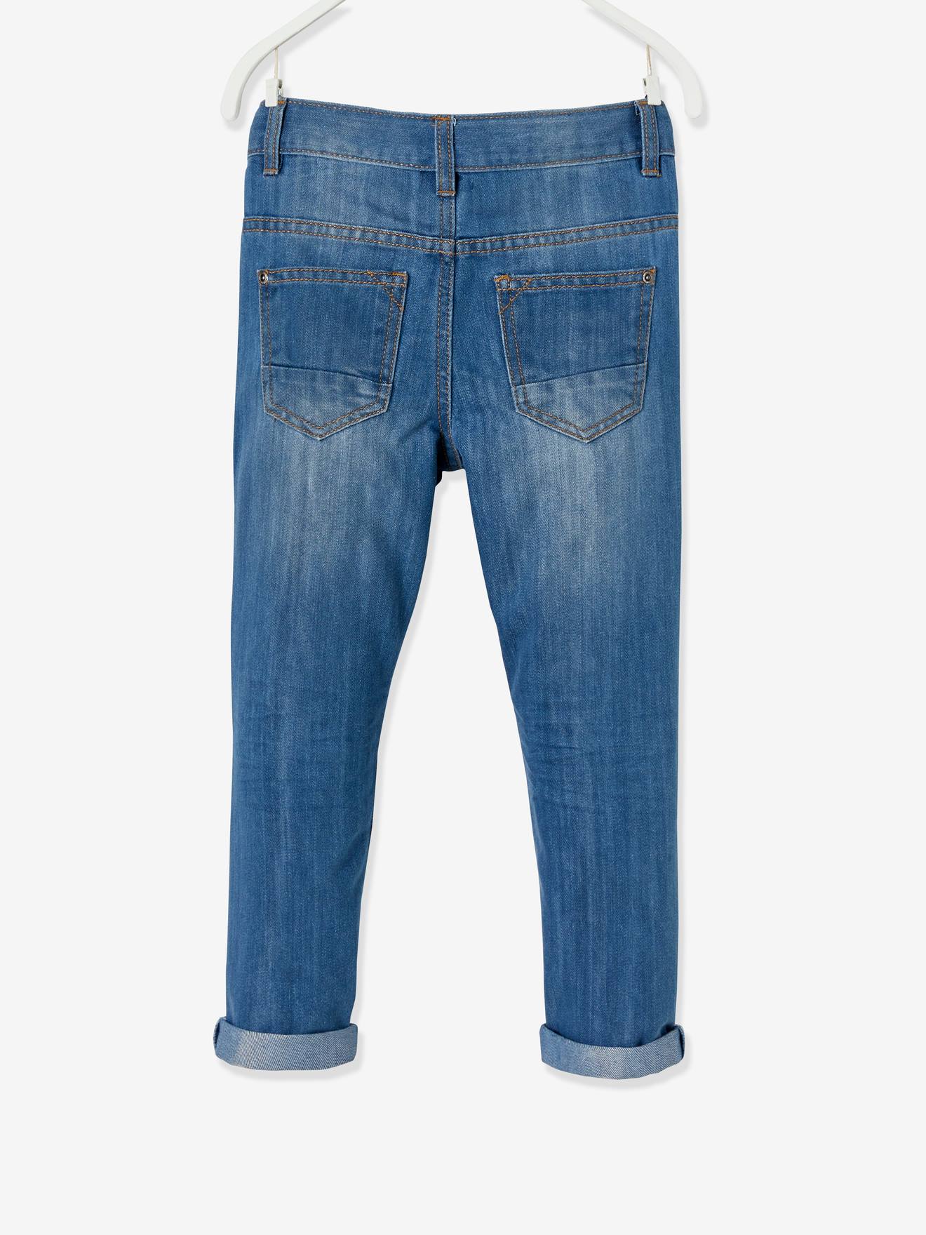 Calça jeans indestrutível de perna reta para meninos, modelagem morfológica para quadris largos, corte slim, lavagem azul escura