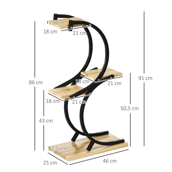 Plantehylle S-Formet 4-Lags Blomstertrapper, Plantestativ Med Metallramme, Heltre, Svart, 46X25X91Cm