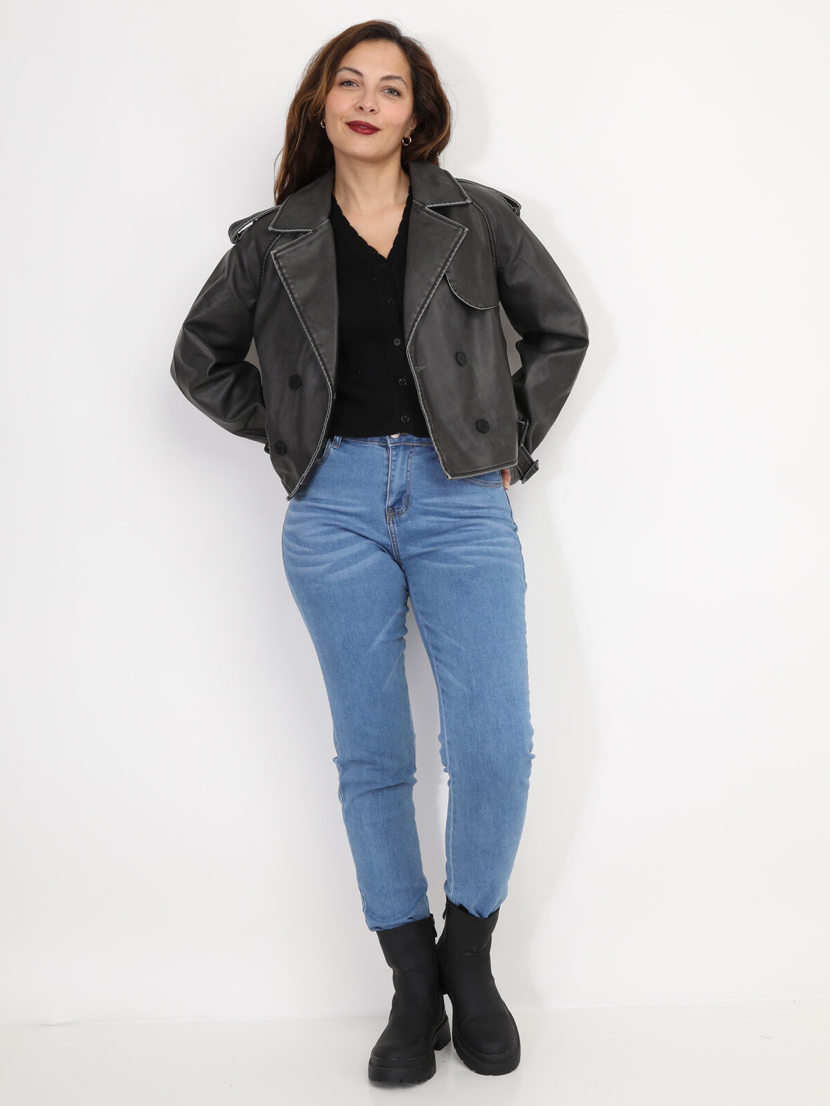Blouson style trench en simili patiné- Gris foncé