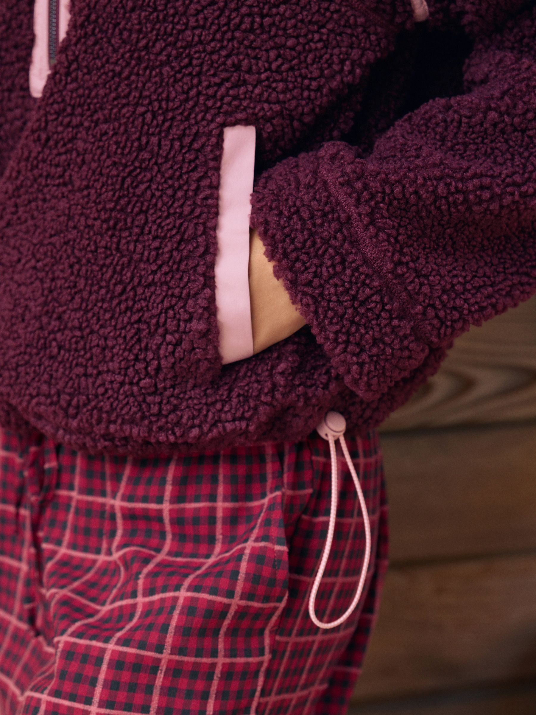Bordeauxrood/roze - Borg fleece met korte rits