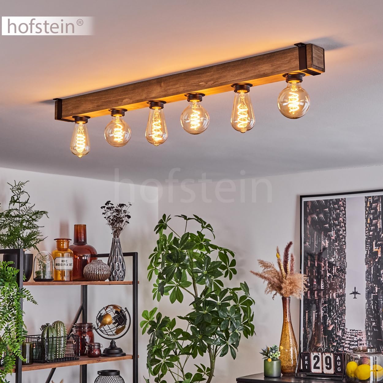 HOFSTEIN Deckenleuchte Montgomery - Moderne Deckenlampe aus Metall und Holz, Schwarz/Natur - 6 x E27-Fassung - Industrial-Style, Retro Vintage - Holzlampe, Flurlampe für Küche und Wohnzimmer