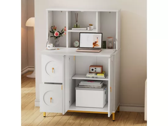 Secrétaire avec 3 porte et 2 tiroirs - MDF et métal - charnières - Blanc - 100x51x150cm