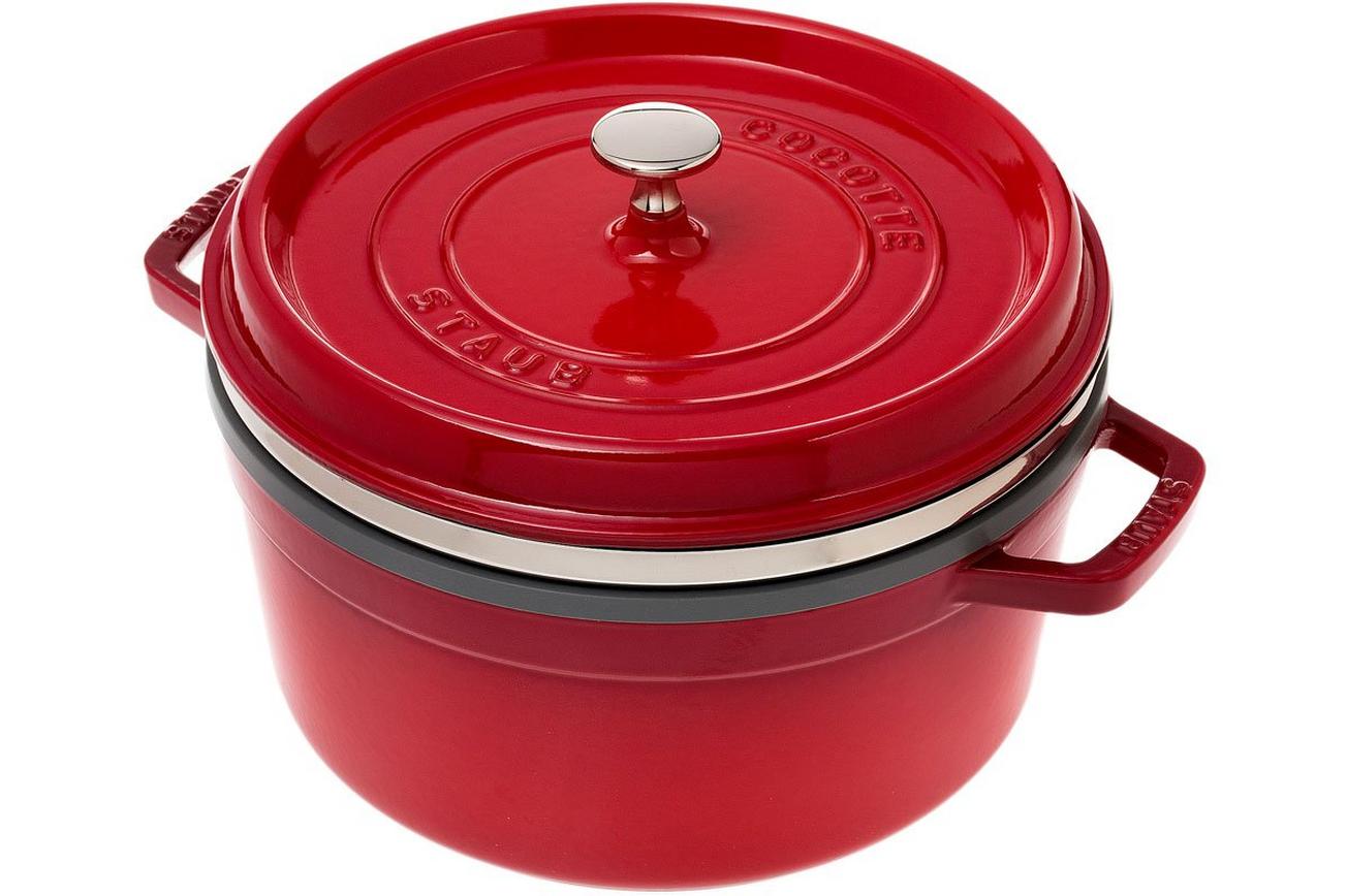 Staub braadpan - cocotte 26cm, 5,2L, rood met stoominzet