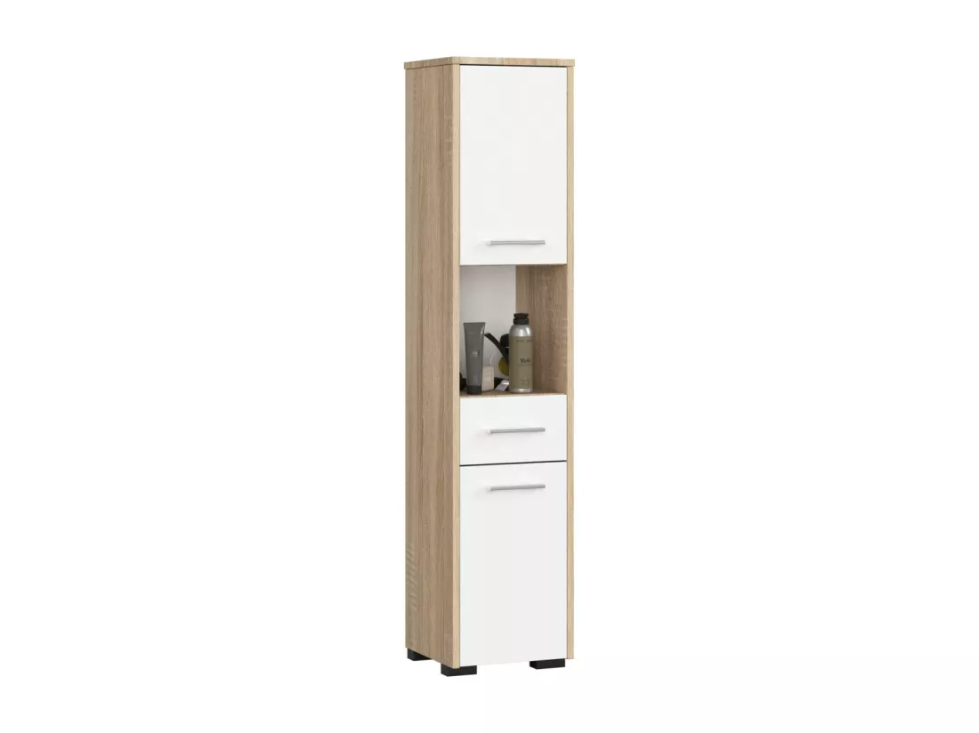 Colonne salle de bains AKORD FIN Chêne Sonoma 30 cm 2 portes 1 tiroir façade Blanche 5 étagères 30x30x140 cm