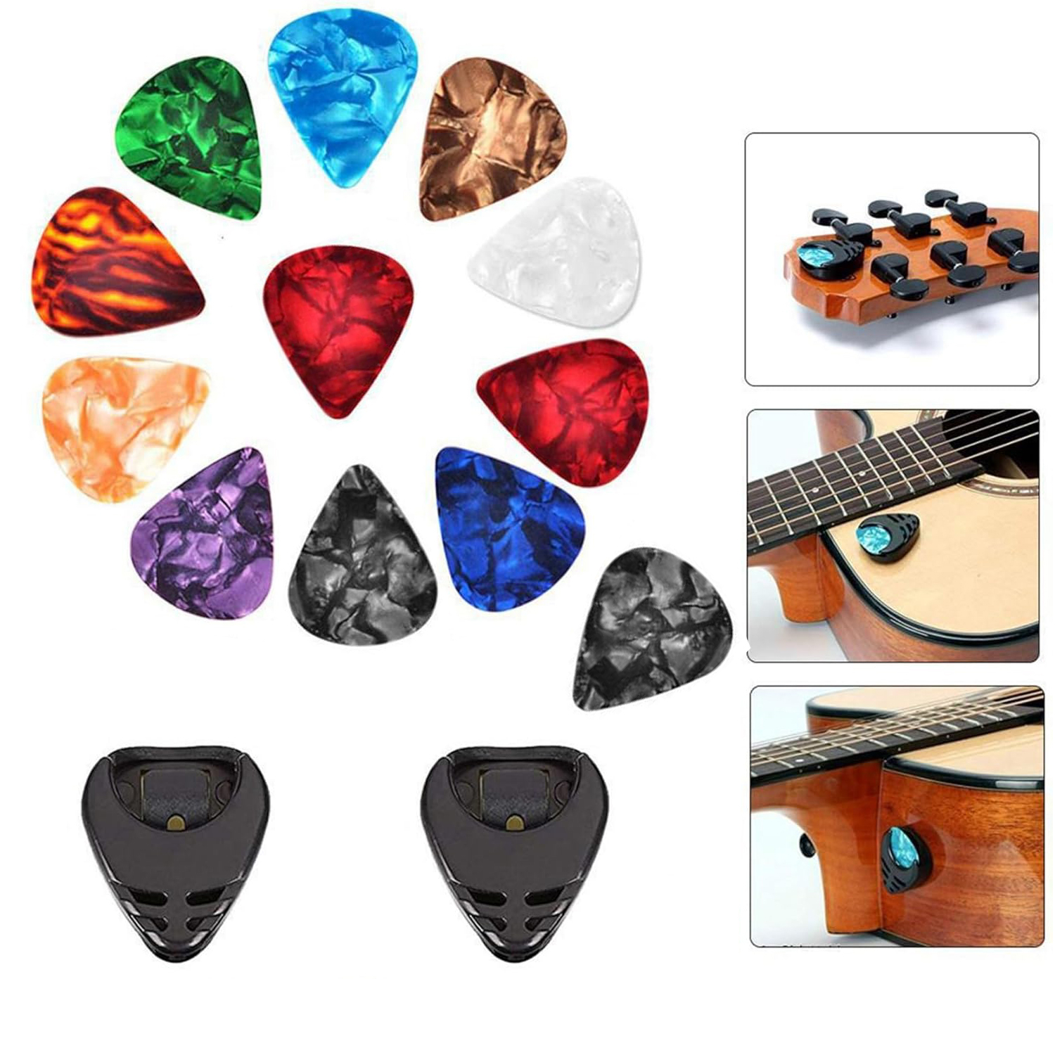 (14-tlg. Set) Selbstklebender Gitarren Plektrum Halter Pickholder inkl. 12 Celluloid Plektren - Assortiert