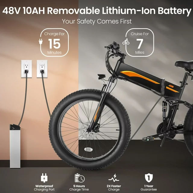 Bicicleta elétrica Funcid, aro 26x4 com pneus largos, 500W, dobrável, para adultos, com bateria de 48V 10Ah.
