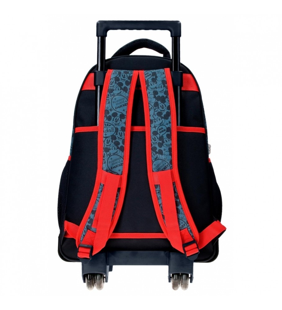 Mochila Joumma Bags Mickey Get Moving com duas rodas e dois compartimentos, vermelha e azul - 32x45x21cm -