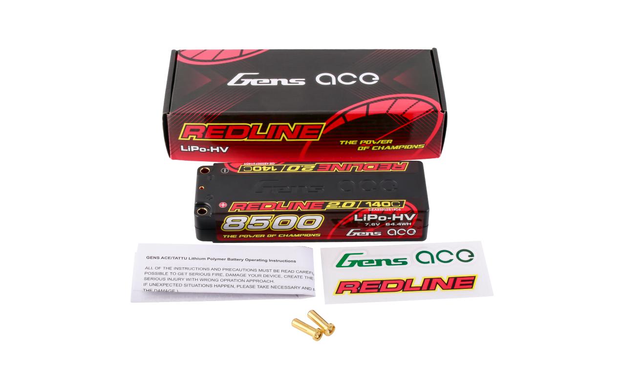 RC-Akku LiHV 8500 mAh 7.6 V 140C Redline 2.02S LiPo HV Hardcase Akku mit 5 mm Bullet Goldstecker