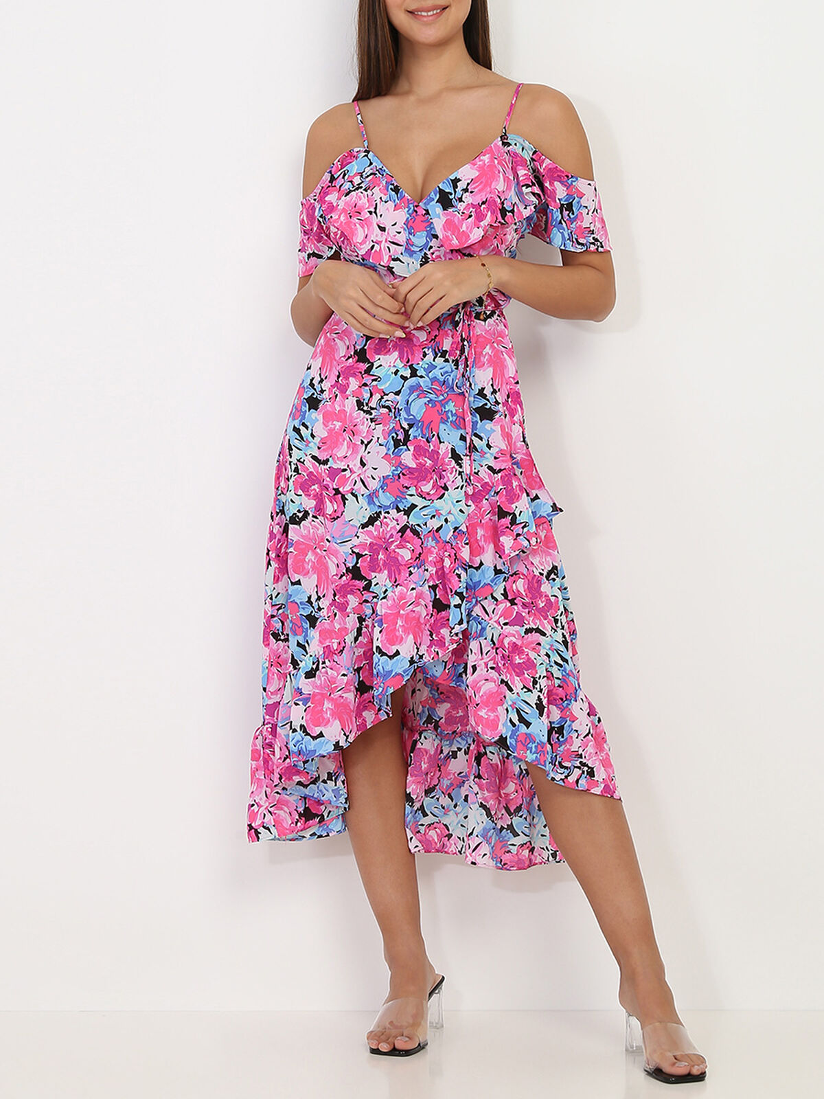 Robe portefeuille à volants et fleurs- Rose