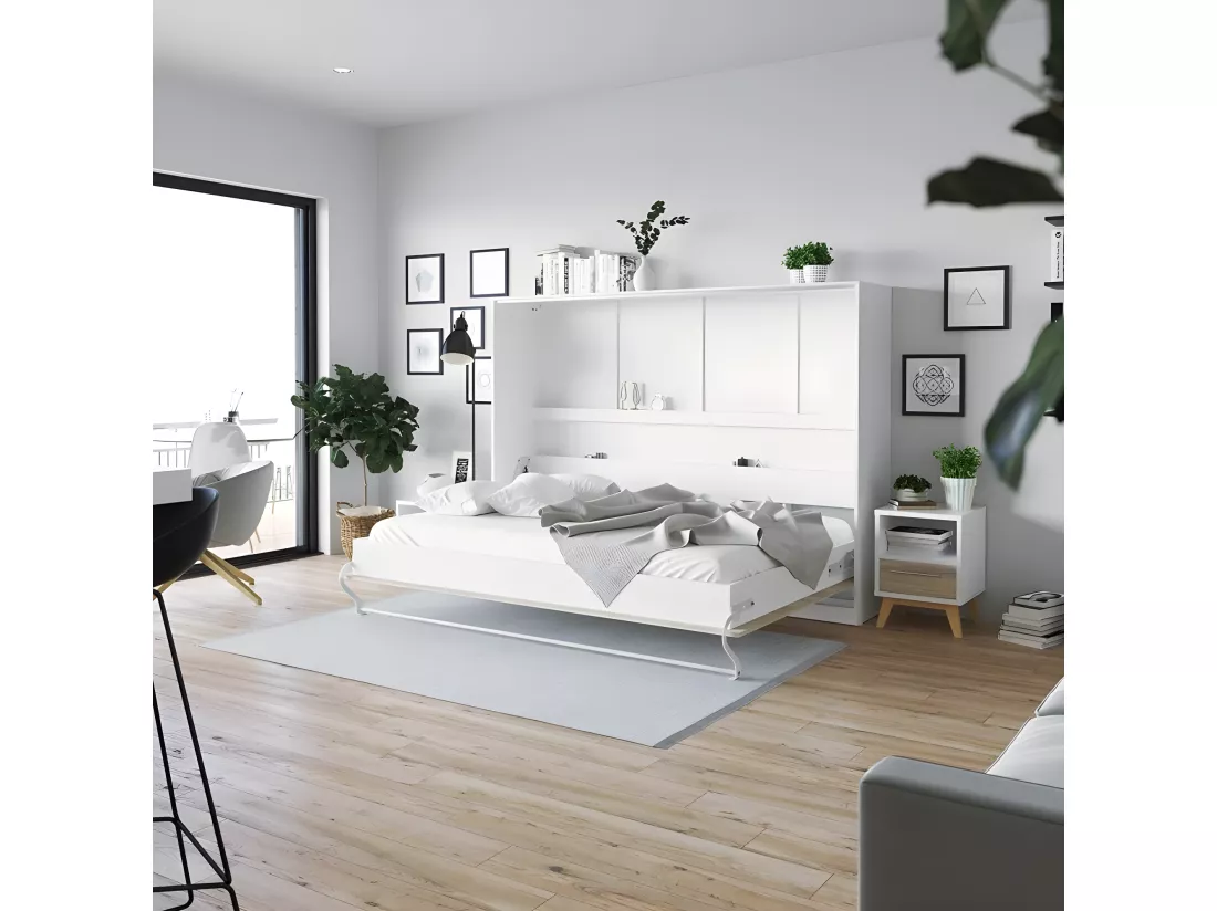 Armoire Lit escamotable 140x200cm Supérieur Horizontal Lit Rabattable Lit Mural Blanc /Chêne Sonoma