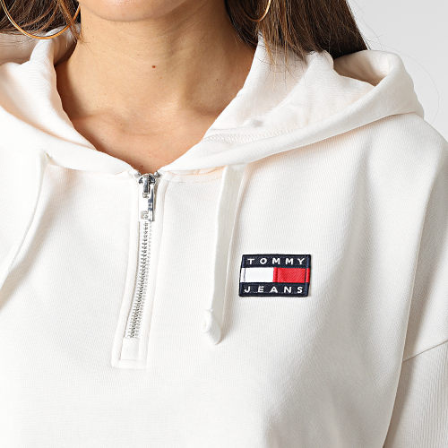 Sweat Col Zippé Capuche Crop Femme Badge 4865 Beige Clair