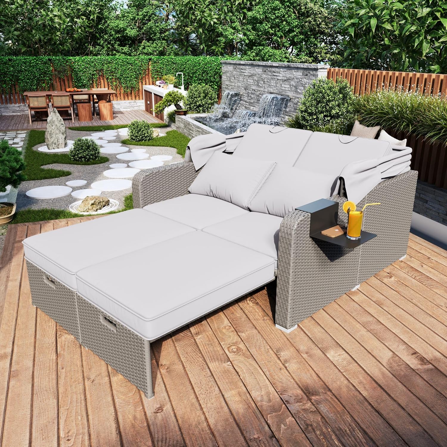 Polyrattan Gartenmöbel für 2 Personen, Gartensofa, Loungesofa, Abnehmbare Markise,Polyrattan und Schwamm,Grau,Khaki (Khaki)