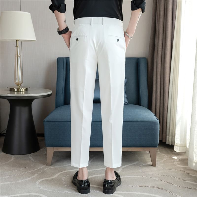 Lefitt - Mid Rise Plain Cropped Straight Leg Dress Pants