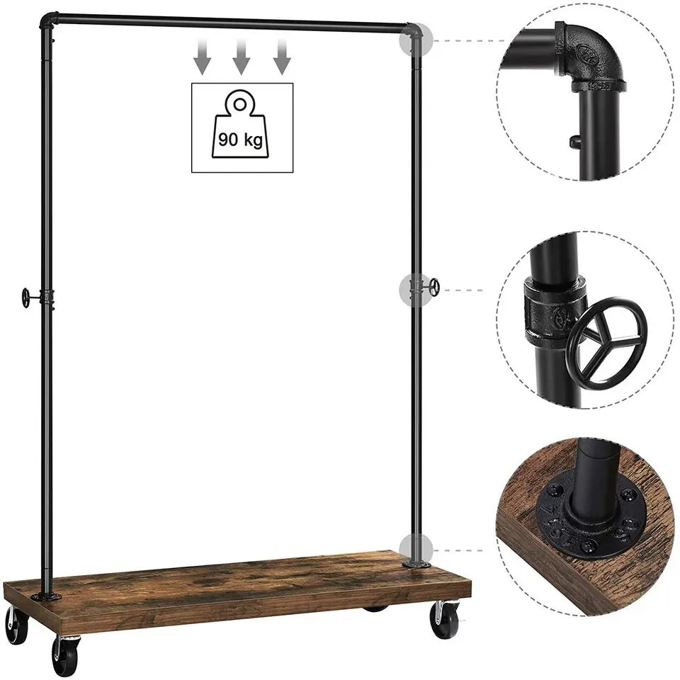 Mobiel kledingrek - rustiek heavy-duty - 1 rail - industrieel design - bruin