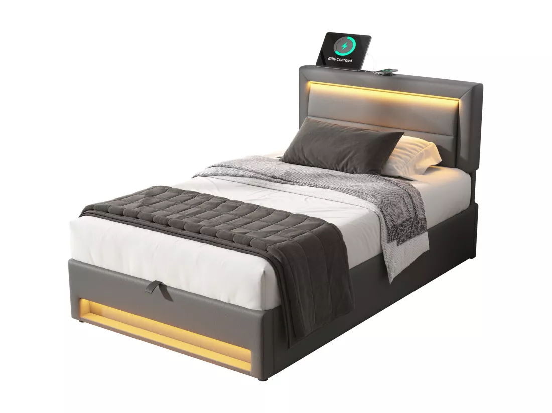 Lit coffre 90 x 200 cm avec tête de lit - Prises USB et LEDs - Cuir PU - Sommier à lattes - Gris(sans matelas)