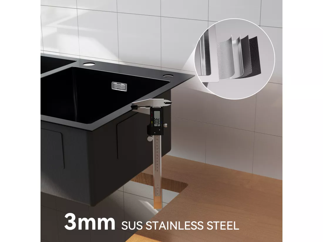 AuraLum Max Évier à Encastré/à Poser 2 Bacs avec Distrubuteur de savon/Ensemble de drainage,Évier 75x45x19cm Inoxydable pour Cuisine,Noir,EU Modèle