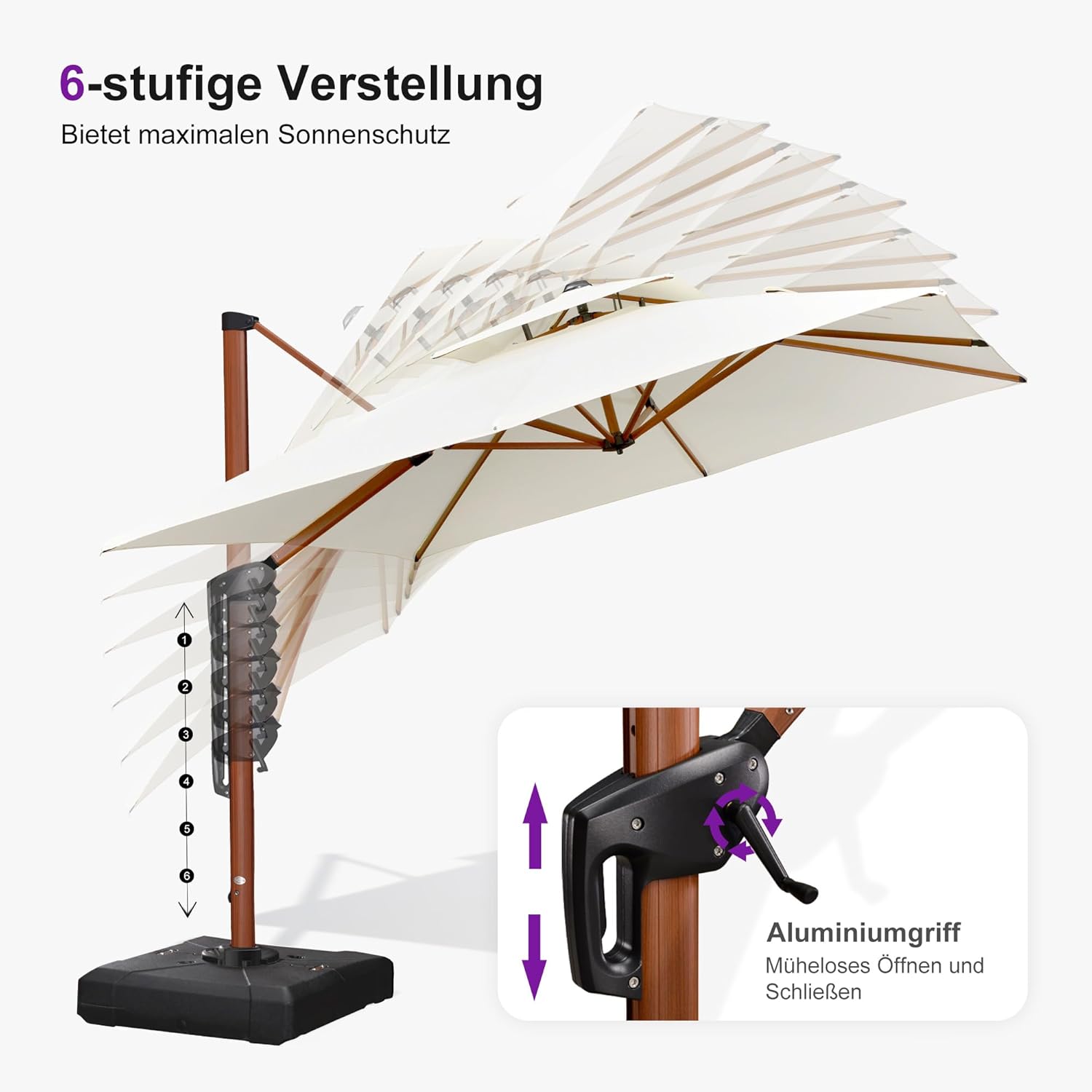 PURPLE LEAF Alu Holzoptik Ampelschirm Rechteckig 300 x 400 cm Rechteckig Sonnenschirm Groß 360° Drehbar Doppeldach Gartenschirm mit Kurbel Doppeldach, Cream