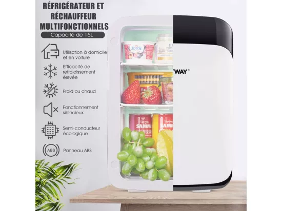 Mini Frigo 15L Mini Réfrigérateur 2 en 1 Fonction de Refroidissement et de Chauffage, Température -3 ℃ ~ 50 ℃, Mini frigo Portable 76 KWh/an pour Maison/Voiture (Blanc) [Classe énergétique E]