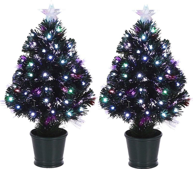 Set van 2x stuks fiber optic kerstbomen met verlichting en piek ster 60 cm - Inclusief 65 gekleurde LED lampjes