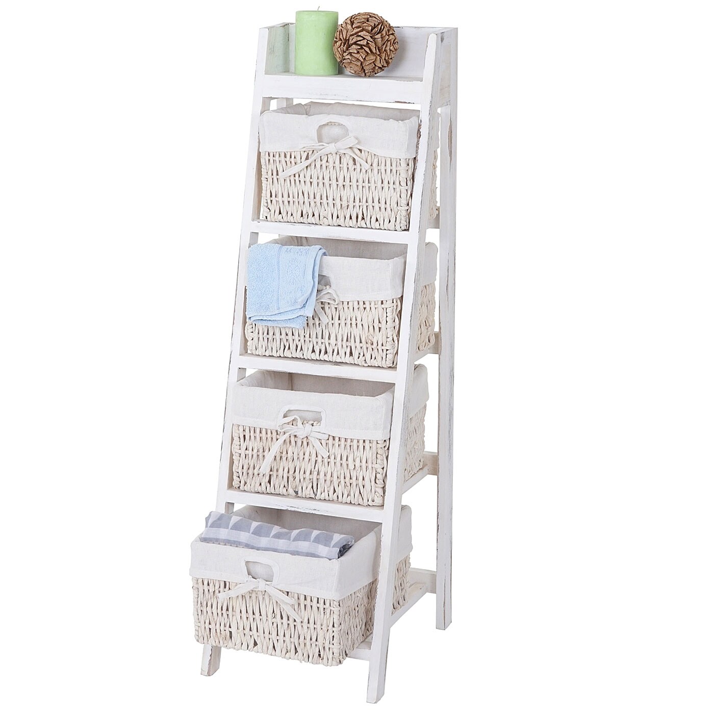 Leiterregal Franca, Regal Standregal mit 4 Korbschubladen 101x30cm, Shabby-Look, Vintage, weiß
