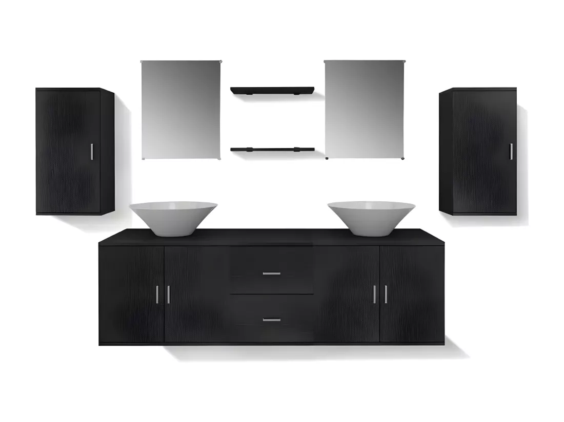 Meuble de salle de bain 11 pièces bois laqué noir Val