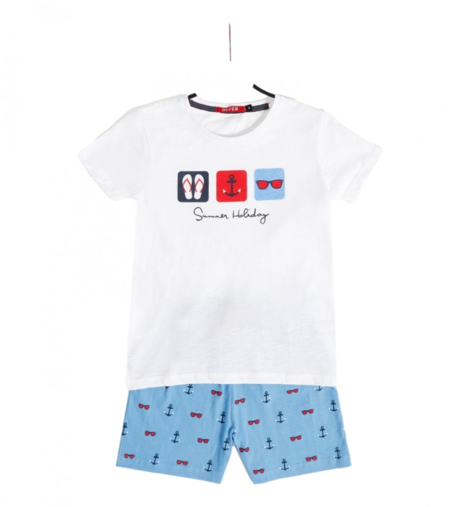 Pijama de manga curta Admas para férias de verão, branco.