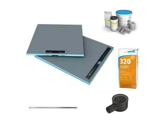 Receveur à carreler 140 x 90 cm Wedi Fundo Riolito Neo + barrette + bonde horizontale + kit d'étanchéité et colle 320