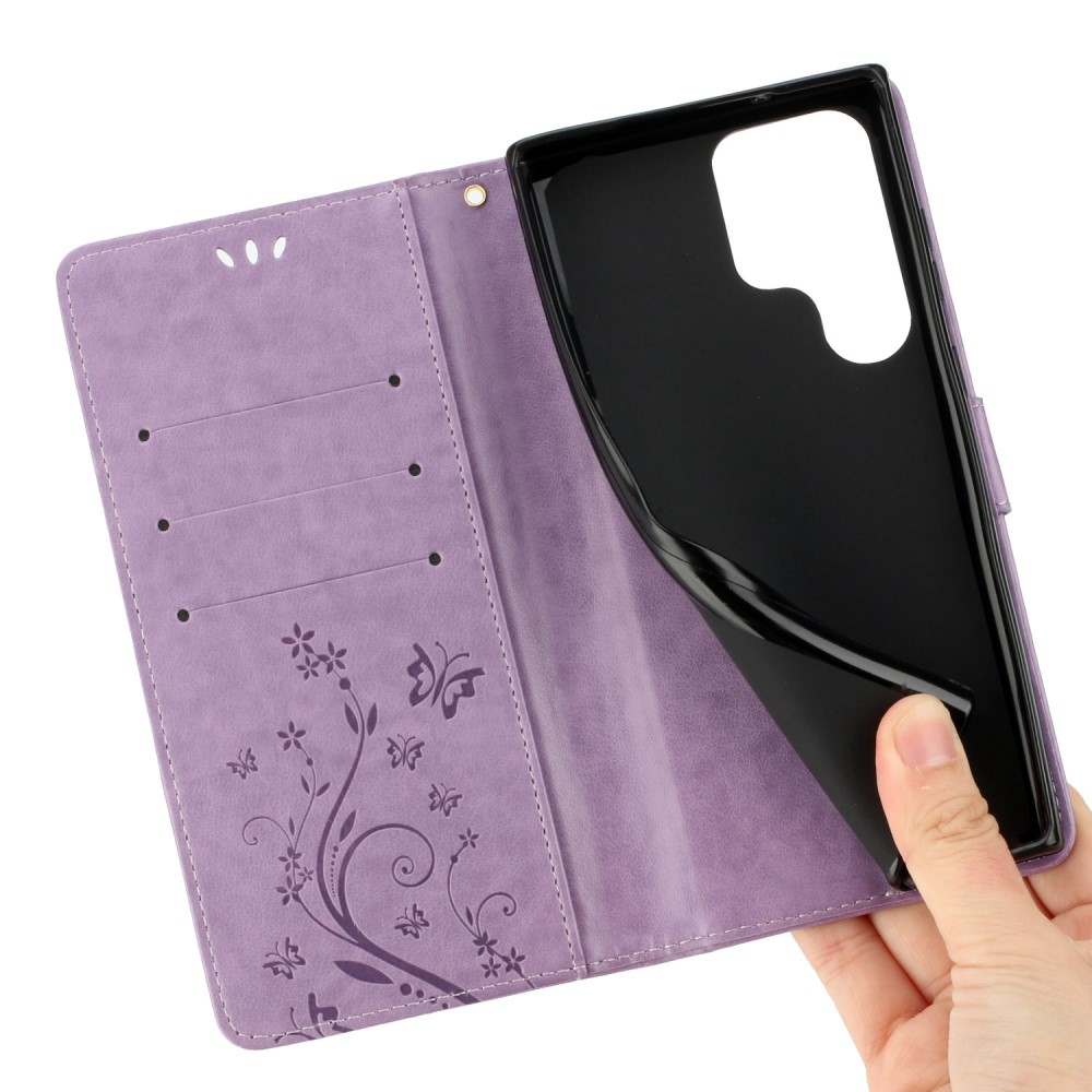Samsung Galaxy S23 Ultra 5G Leder Tasche mit Kartenfach   Handschlaufe Butterfly Flowers - Lila