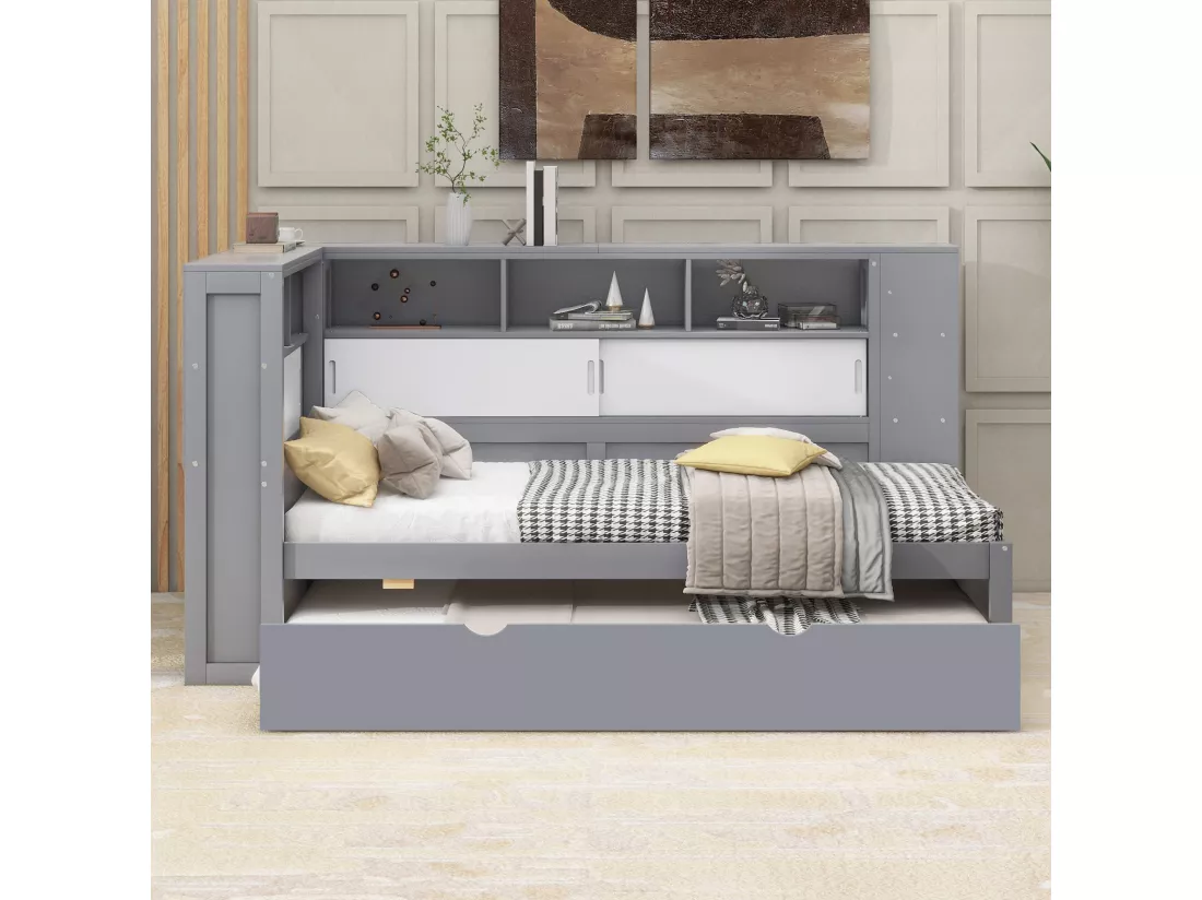 Lit gigogne en bois 90x200cm avec Ports de charge USB - entouré d'un cercle de rangements - Gris