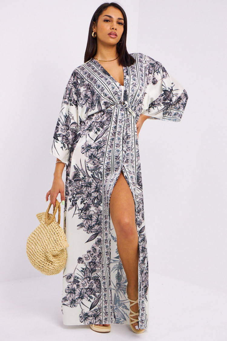 Robe chemise noire à fleurs col v