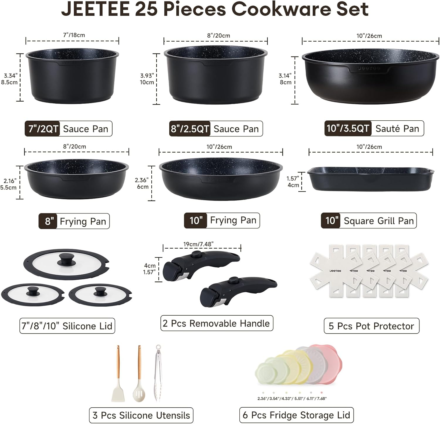JEETEE Topfset Pfannenset mit abnehmbarem Griff 25-Teilig, Pfanne 20/26cm, Kochtopf 18/20cm, Tiefe Bratpfanne 26cm, Grillpfanne 26cm, Stapelbar Topfset Für alle Herdarten, Antihaft, Ofenfest, Schwarz