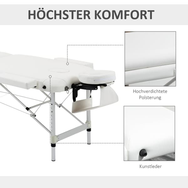 Sammenleggbart massasjebord, høydejusterbart med pute for salong og spa, plast og aluminium, hvit, 215 x 60 x 61-84 cm
