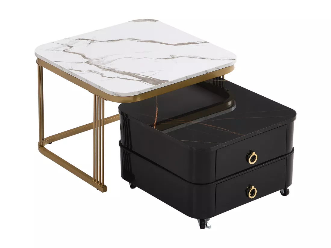 Lot de 2 tables basses gigognes avec 2 tiroirs - plateau en MDF à motif de marbre - Blanc