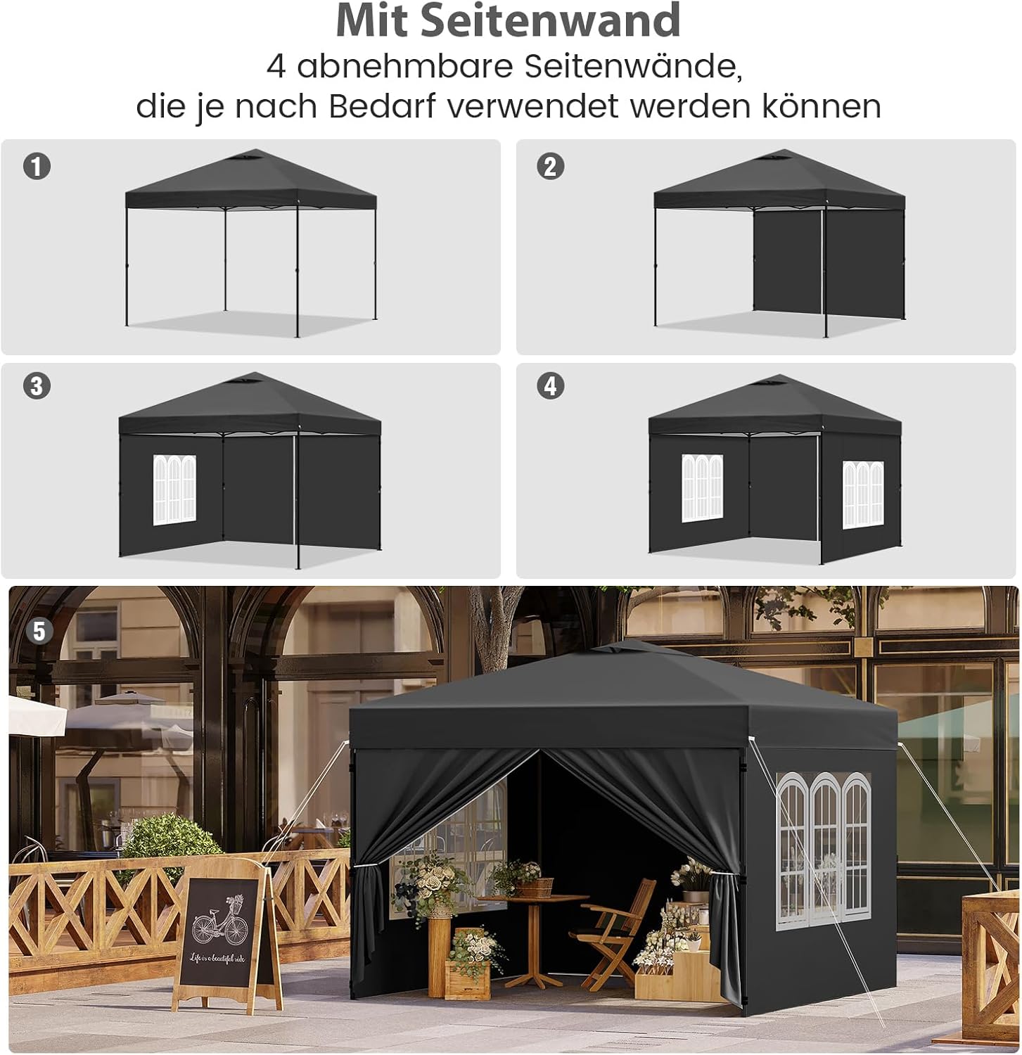 Laneetal Pavillon 3x3 m, Faltpavillon mit Seitenwänden, wasserfest stabil Winterfest, Outdoor Gartenpavillon, Partyzelt Gartenzelt, höhenverstellbar, UV Schutz, Metallrahmen,Anthrazit