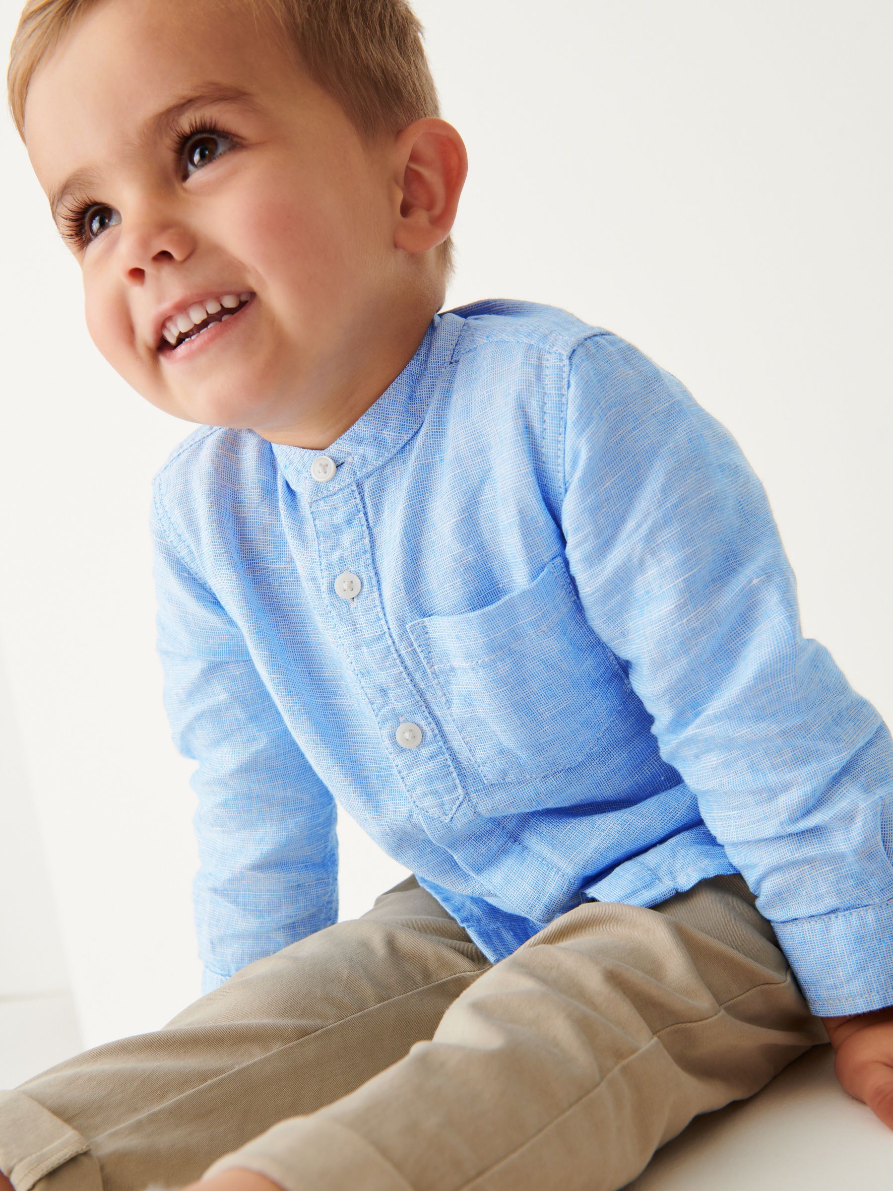 Blauw - Overhemd van linnenmix met opa-kraag (3 mnd-7 jr)