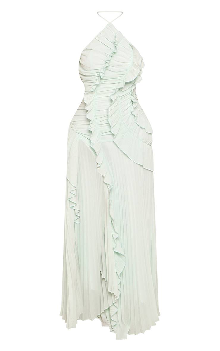 Vert Sauge Robe Maxi Plissée À Volants Et Col Licou Petite