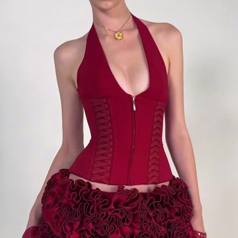 Trisica - Halter V-hals tanktop met open rug, rits en slim fit