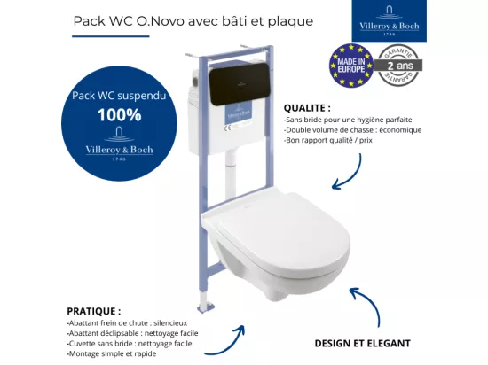 Pack WC sans bride VILLEROY ET BOCH O novo avec abattant frein de chute + bâti Viconnect PRO + plaque noir mat