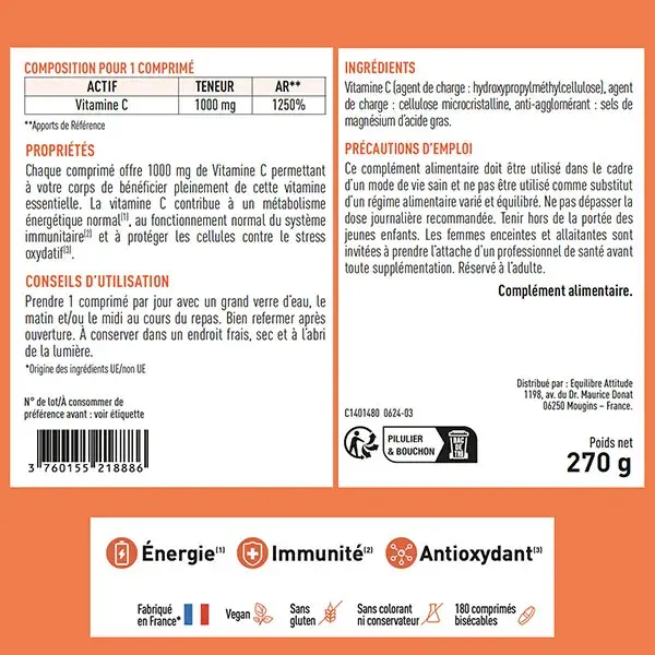 GRANIONS Vitamine C 1000 mg 6 Mois - Energie et Immunité - 180 comprimés