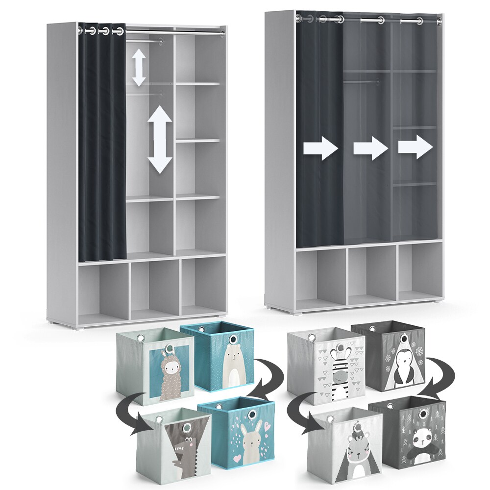 Vicco Kinderkleiderschrank Kinderzimmerschrank Kindergarderobe Luigi Hellgrau Faltbox 106 x 178 cm modern Schrankregal Jugendzimmerschrank Organizer Vorhang Kleiderstange Fächer Aufbewahrung Spielzeugablage